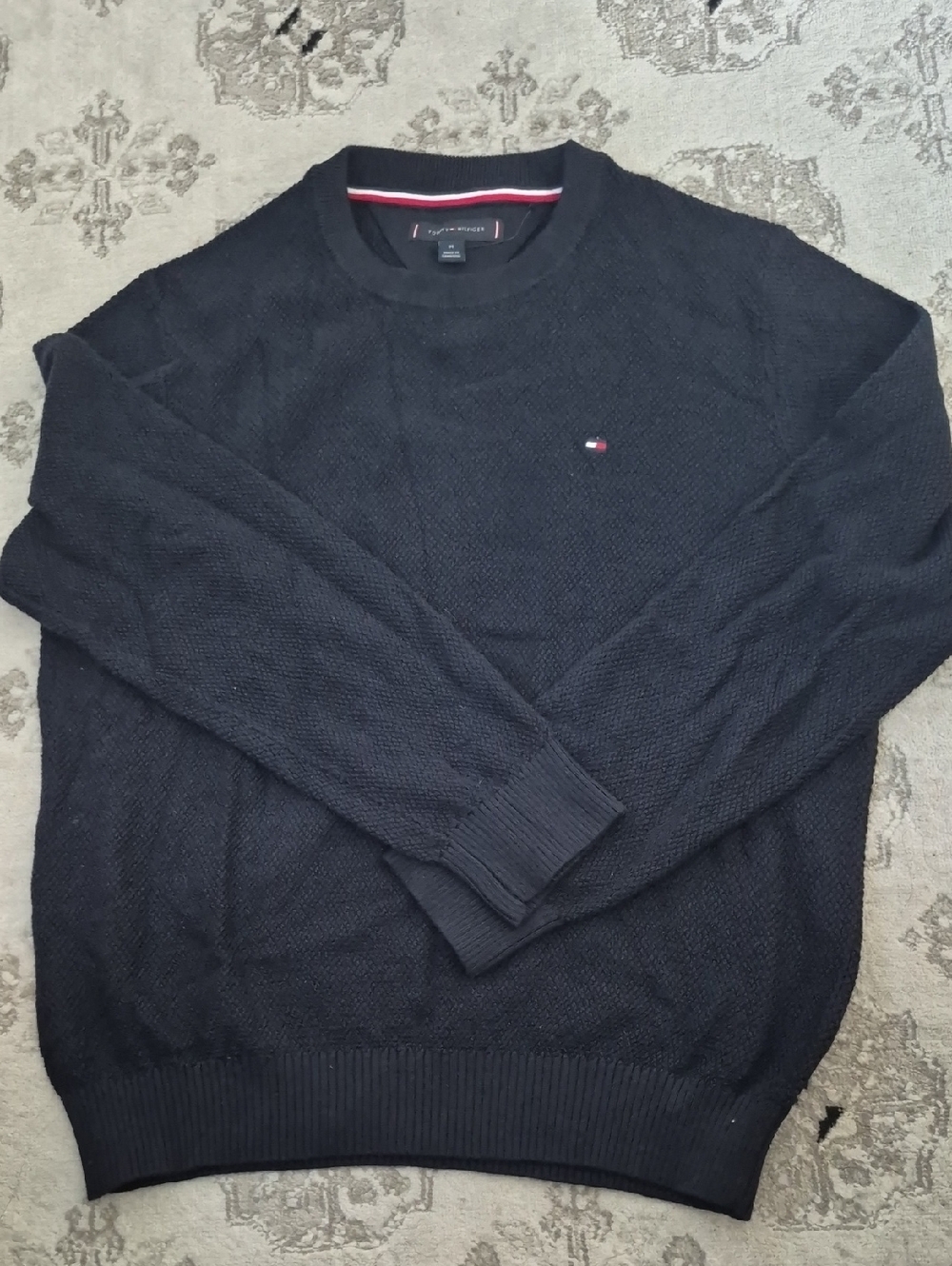 M: Tommy Hilfiger Dark Navy Crewneck Sweater with Signature Flag